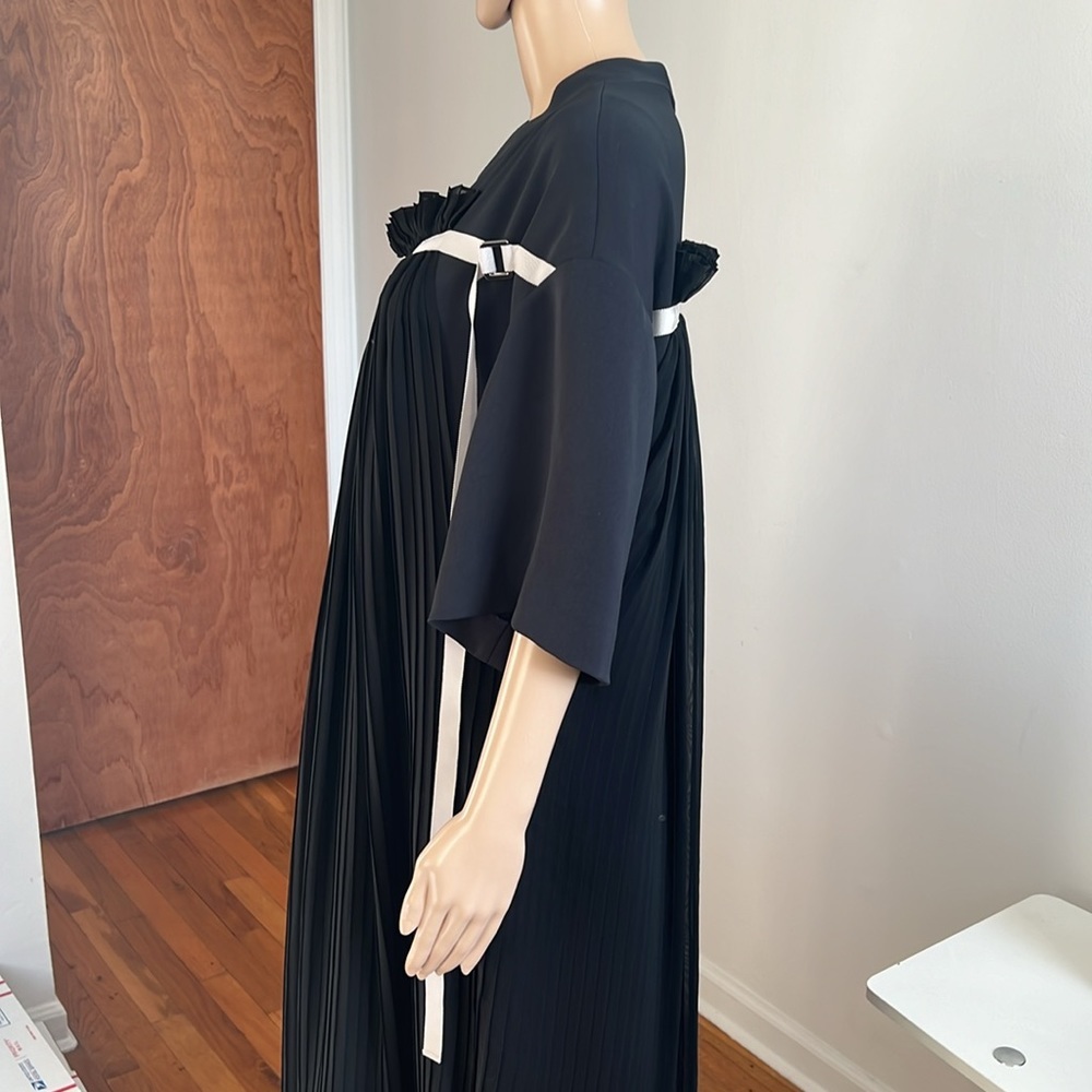 ADEAM Black V-Neck Short Sleeve Pleated Asymmetric Hem Long Tent Dress M - Picture 11 of 16